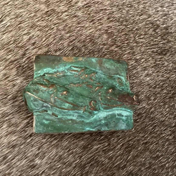 Vintage Elaine Coyne Modernist Brass Verdigris Patina Horse Head Belt Buckle